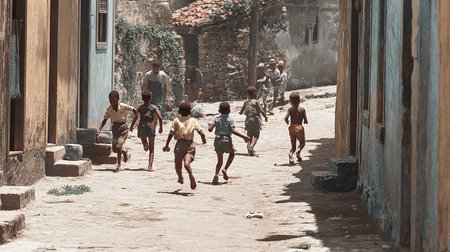 African children playing in the street of a village in Tanzania, Africaの素材