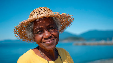 Portrait of happy senior African woman wearing straw hat smiling at cameraの素材