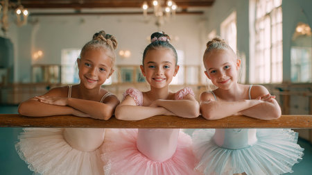 Portrait of three little ballerinas posing in ballet studio.の素材