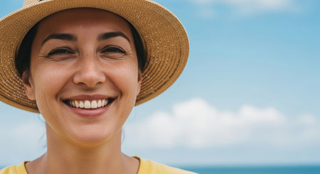 Portrait of smiling young woman in straw hat on the beach.の素材