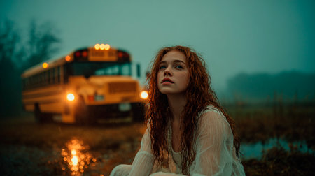 Portrait of a red-haired girl in a white dress on the background of school busの素材