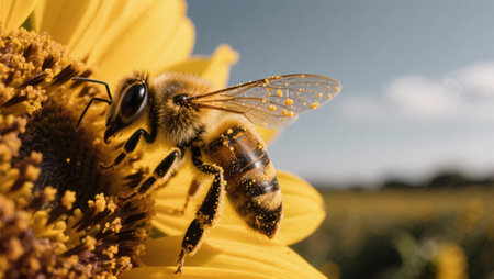 Bee on a sunflower. Bee pollinates the sunflower.の素材