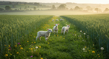 Flock of sheep in a green meadow in the morning lightの素材