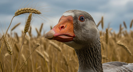 A greylag goose (Anser anser) in a wheat fieldの素材