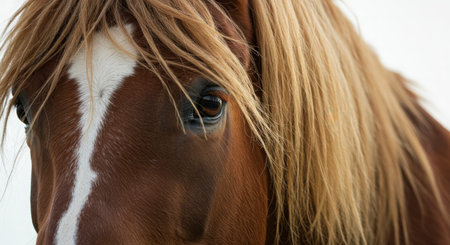 Closeup of a horse head with long blond hair in wintertimeの素材