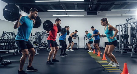fitness, sport, training, gym and lifestyle concept - group of smiling people exercising with barbell in gymの素材
