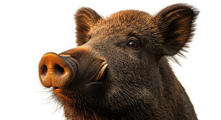 Portrait of wild boar isolated on white background. Studio shot.の素材