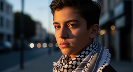 portrait of a young boy in the city at sunset, backlightの素材