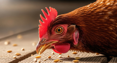Chicken eating grain on a wooden table. Close-up, selective focus.の素材