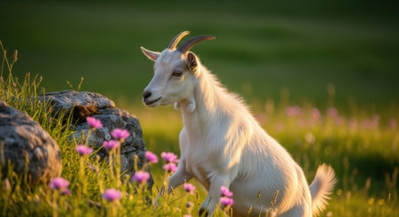 White goat on a green meadow with pink flowers in the evening lightの素材