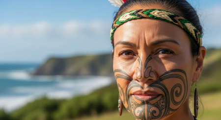 Close up portrait of an Indian woman with face painted in traditional costumeの素材