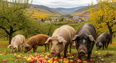 Piglets grazing in a field of apples in Bavaria, Germanyの素材