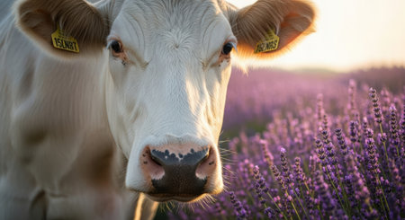 Close-up portrait of a white cow in a lavender fieldの素材