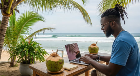 Young african man working with laptop and drinking coconut juice on the beachの素材