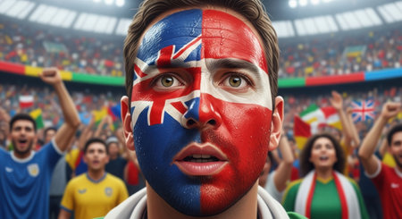 Soccer fan with england and australia national flag painted on faceの素材