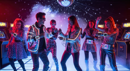 Group of young people playing video games on the background of neon lights.の素材