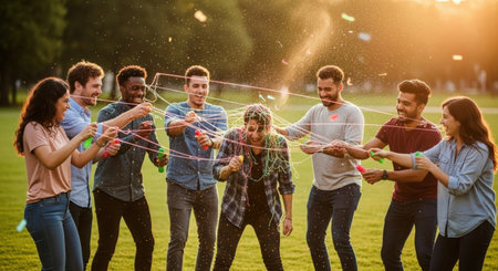 Group of friends having fun in the park and blowing soap bubbles.の素材
