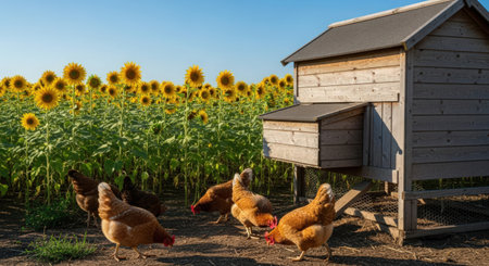 chickens in the sunflower field on a sunny summer dayの素材