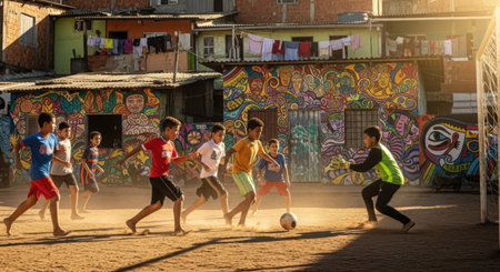 Children playing soccer on the playground in the city. Children have fun and play football.の素材