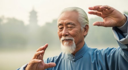 senior asian man meditating in lotus pose at templeの素材