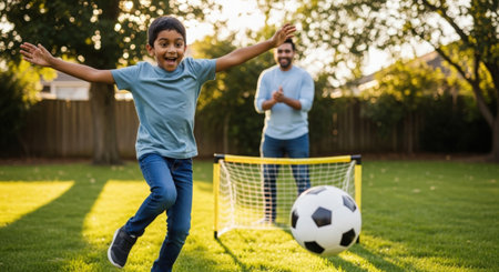 happy african american boy playing soccer with father on football fieldの素材