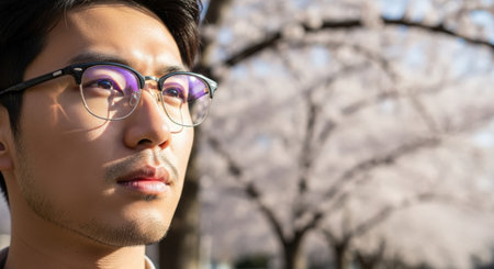 Young asian man wearing eyeglasses in the park with cherry blossomの素材