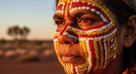Close-up portrait of Indian woman with face painted in national costumeの素材