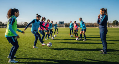 Group of female soccer players on the field during a soccer match.の素材