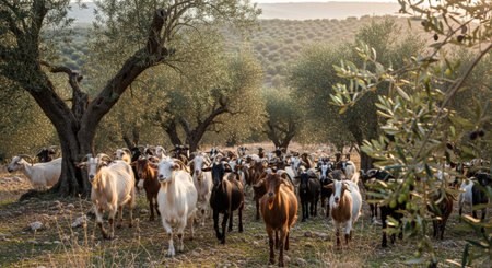 Herd of goats grazing in the shade of an olive tree.の素材