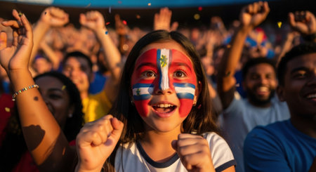 Football fan with the flag of Uruguay in the crowd on the stageの素材