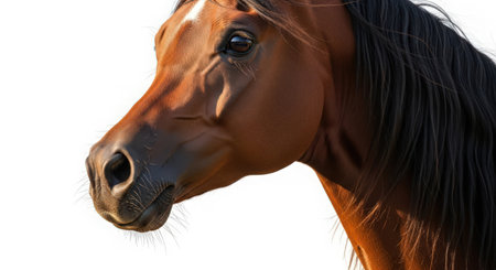 Portrait of a bay horse on a white background. Close-upの素材