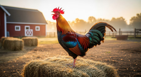 Colorful rooster standing on a haystack in front of a red barnの素材