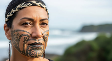 Close up portrait of a woman with face art on the beach.の素材