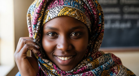 Portrait of a smiling African woman wearing a headscarfの素材