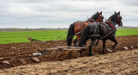 Horse plowing a field with a plow in the springの素材
