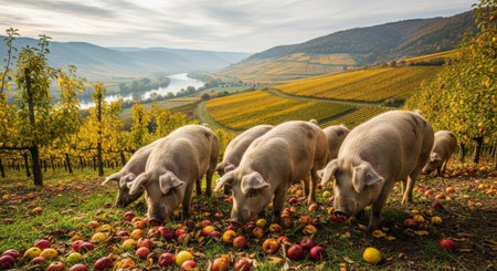 Flock of pigs eating apples in a vineyard in autumn, Germanyの素材