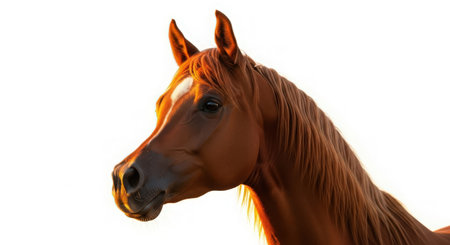 Portrait of a bay horse on a white background. Side view.の素材