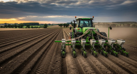 Tractor with seeding machine on the field. Tractor with seeder.の素材