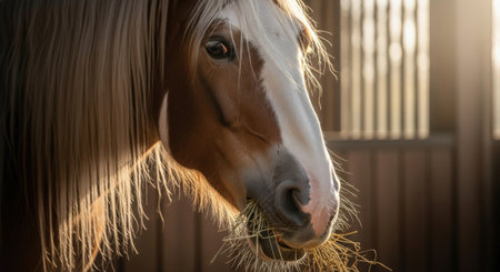 Portrait of a horse with long mane in the stable.の素材