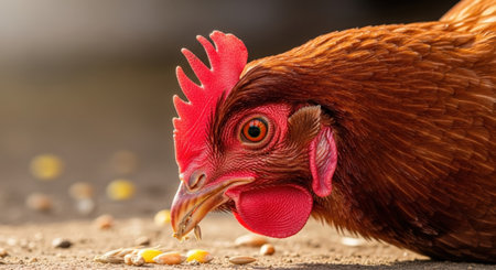 Close up of a rooster eating sunflower seeds on a farmの素材