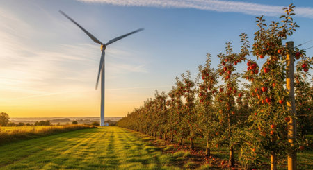 Apple orchard with ripe apples and wind turbines at sunset in autumnの素材