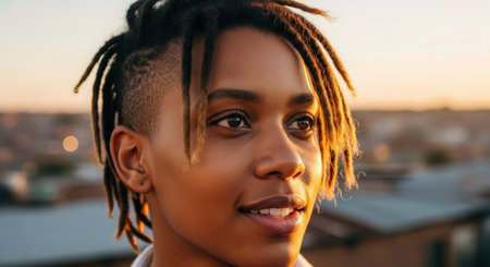 Close up portrait of beautiful African American girl with dreadlocks looking at cameraの素材
