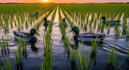 Ducks swimming in a flooded rice field at sunset in springtimeの素材