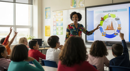 Front view of mixed race female teacher giving presentation to her students in classroomの素材