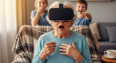 Surprised old woman in virtual reality glasses and her grandson sitting on sofa in background.の素材