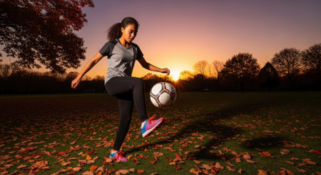 Young woman playing football in the park at sunset, backlit.の素材