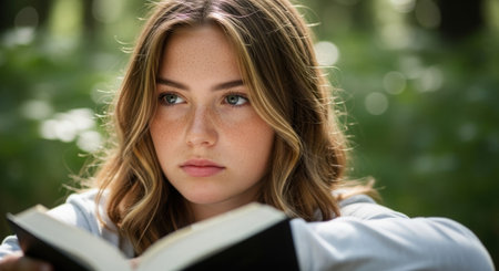 Portrait of a beautiful young woman reading a book in the parkの素材