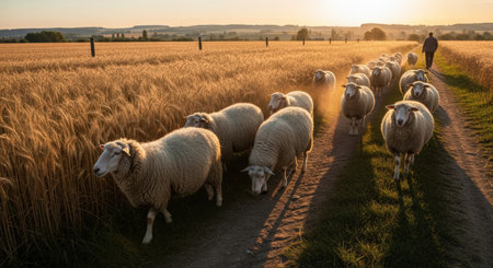 Sheep on a wheat field at sunset in autumn, UK.の素材