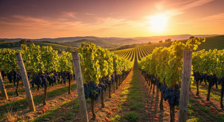 Vineyard in Tuscany, Italy. Vineyards at sunsetの素材