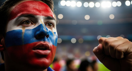 soccer fan with colombia flag painted on face in stadiumの素材
